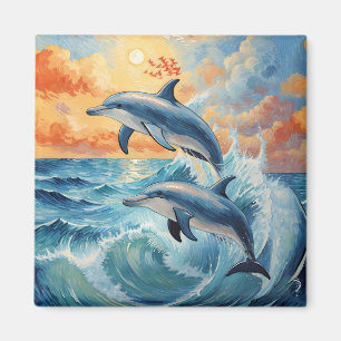 Imã Artístico Dois Golfinhos Saltantes Oceano Sunset
