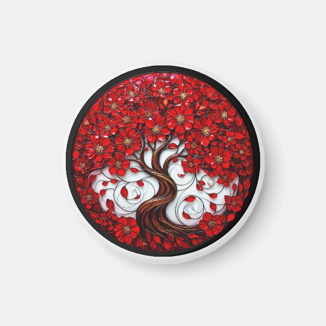 Imã Árvore de Flores Vermelhas Vibrantes com Detalhes  (Frente)