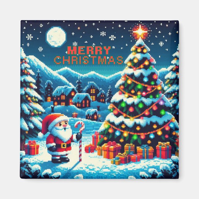 Imã Árvore de Natal de 8 bits e Papais noeis (Frente)