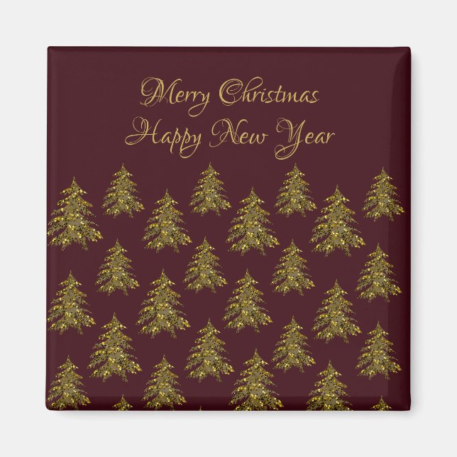 Imã Árvore de Natal de ouro cintilante no Natal vermel (Frente)