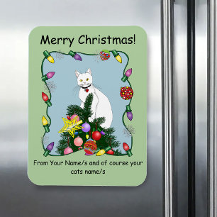 Ímã Árvore de Natal Engraçada e Festiva Gato Branco Ve