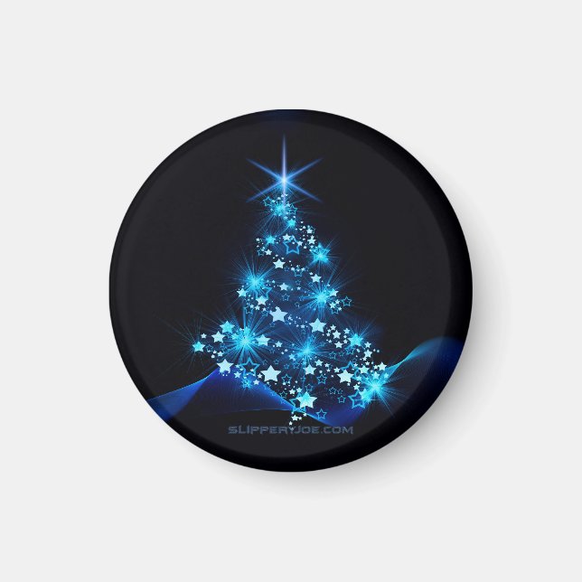 Imã árvore de Natal estilizada SlipperyJoe azul brilha (Frente)