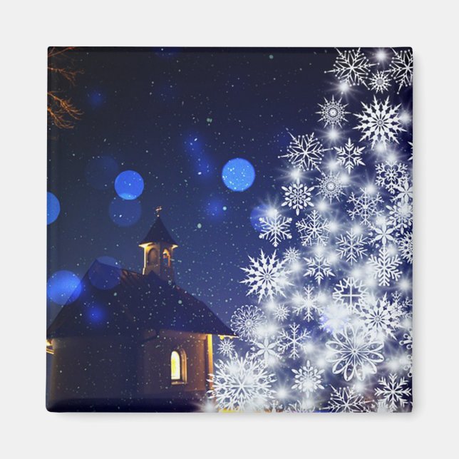 Imã Árvore de Natal reluzente com fundo azul (Frente)