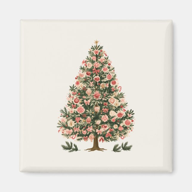 Imã Árvore de Natal retrô com enfeites rosa (Frente)