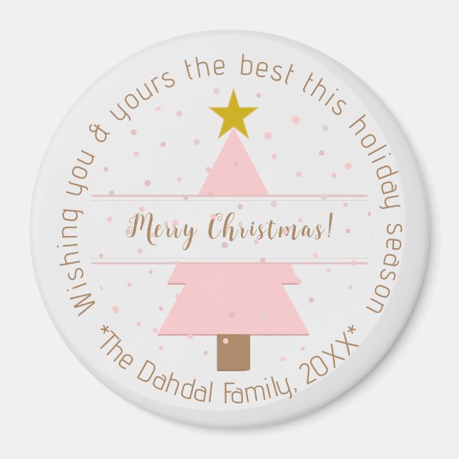 Imã Árvore de Natal rosa elegante e Ouro de neve (Frente)