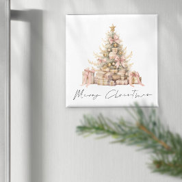 Imã Árvore de Script Dourada Mínima Rosa - Feliz Natal