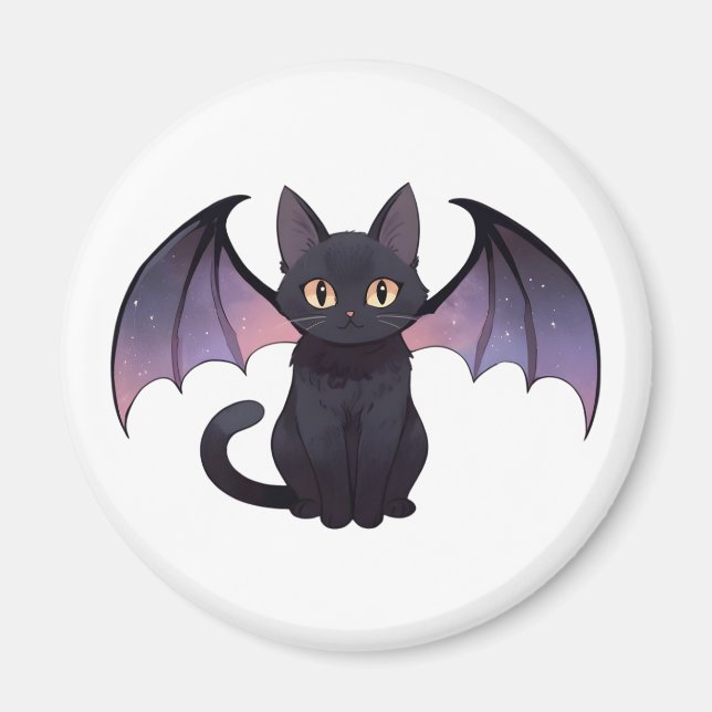 Imã Asas de Morcego Kawaii Gato Preto Halloween (Frente)