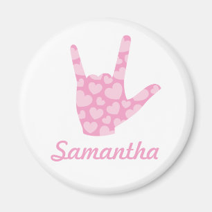 Imã ASL I Love You Pink Heart Sign Language and Name