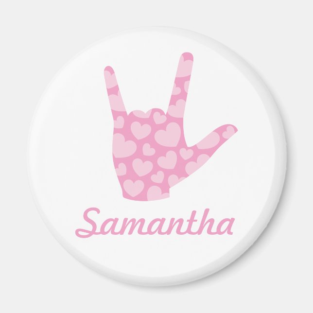 Imã ASL I Love You Pink Heart Sign Language and Name (Frente)