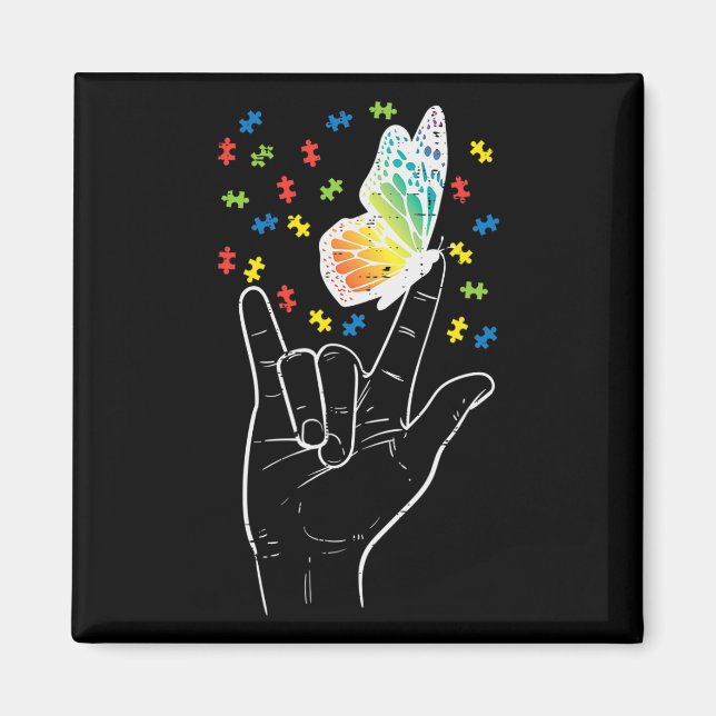 Imã Asl Love Sinal Butterfly Quebra-cabeça Autism Awar (Frente)
