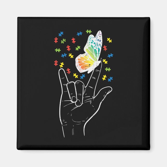 Imã Asl Love Sinal Butterfly Quebra-cabeça Autism Awar (Frente)