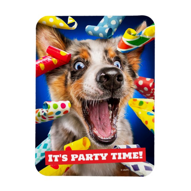 Ímã Assopradores de Festa de Cachorro Feliz (Vertical)