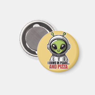 Imã Astronauta Alien Fofo "Venho em Paz e Pizza"