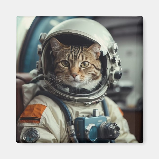 Imã Astronauta de Gato cinza no Espaço Exterior (Frente)