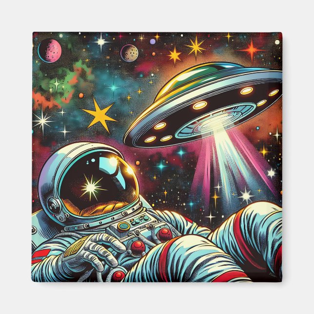 Imã Astronauta Flutuando no Espaço com Arte OVNI Ai (Frente)