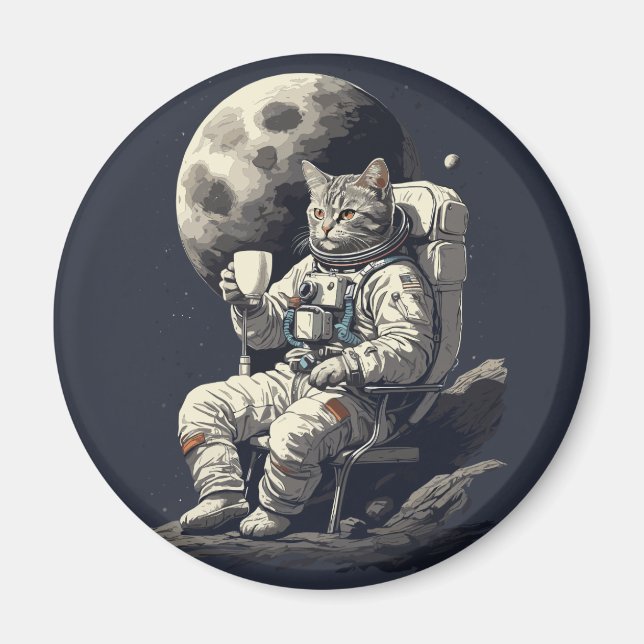 Imã Astronauta Gato com Xícara de Café (Frente)
