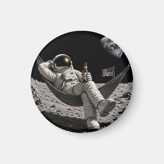 Imã Astronauta Relaxando com Cerveja na Lua (Frente)