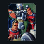 Ímã Astronautas Vintage Science Fiction consertando um<br><div class="desc">Ilustração vintage: aliens futuristas de ficção científica e imagem de robôs apresentando um homem trabalhando em seu robô metálico. Um astronauta é um piloto que controla os controles do seu foguete. Retro clássico com estilo cômico de 50 s design de ficção científica.</div>