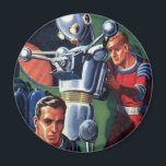 Imã Astronautas Vintage Science Fiction consertando um<br><div class="desc">Ilustração vintage: aliens futuristas de ficção científica e imagem de robôs apresentando um homem trabalhando em seu robô metálico. Um astronauta é um piloto que controla os controles do seu foguete. Retro clássico com estilo cômico de 50 s design de ficção científica.</div>