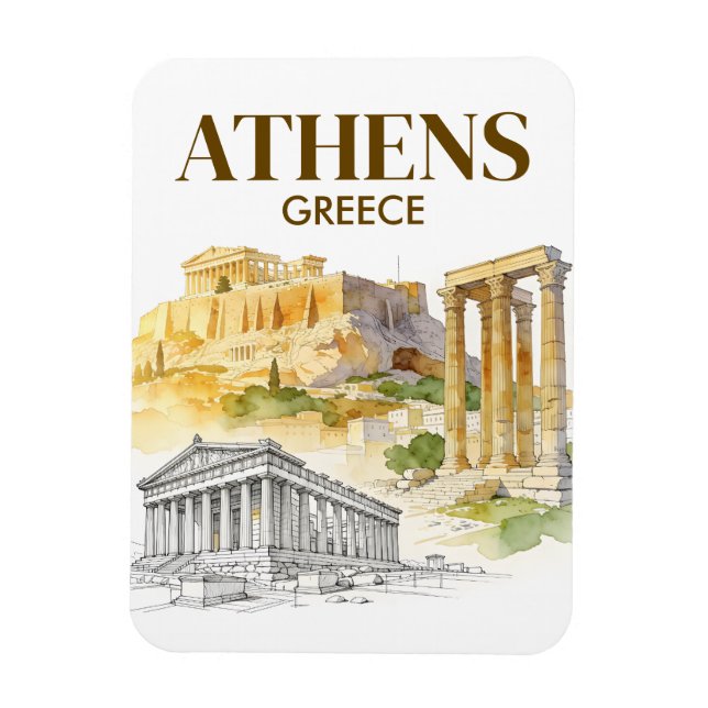 Ímã Athens Greece Acropolis Watercolor Sketch Travel (Vertical)