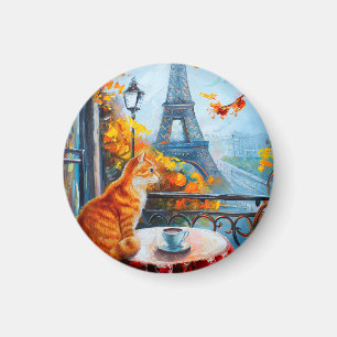 Imã Autumn Parisiense Ginger Cat em um café