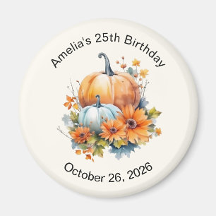 Imã Autumn Pumpkins com Flores e Folhagem Aniversário