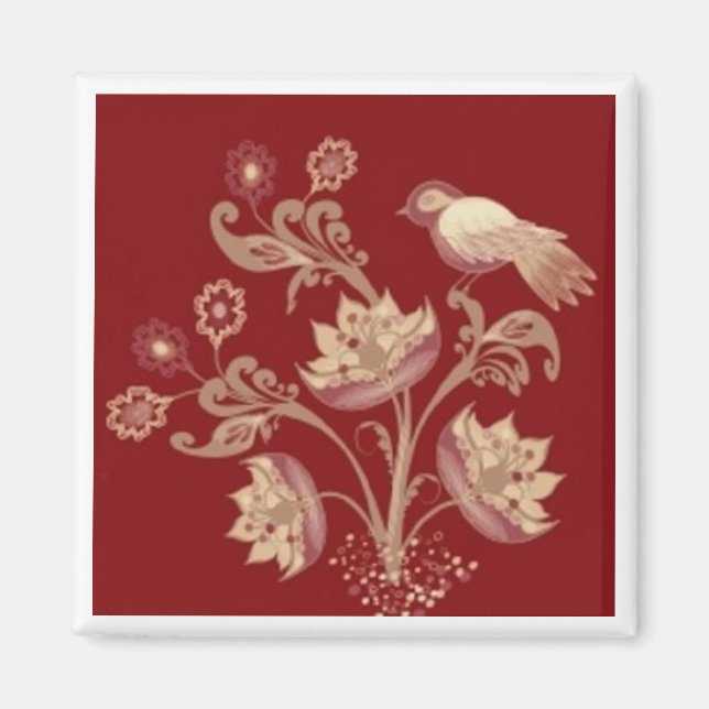 Imã Ave e flores em íman quadrado vermelho (Frente)