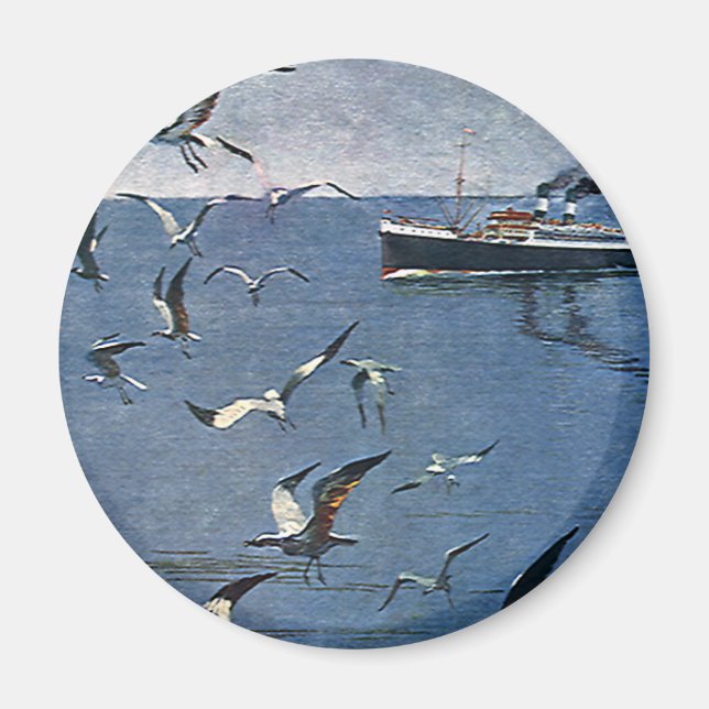 Imã Aves Animais Antigos, Gaivotas e Barcos de Pesca (Frente)