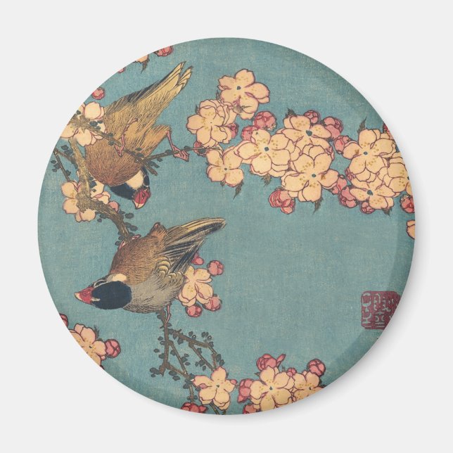 Imã Aves e Flores Arte Japonesa Floral Rosa (Frente)