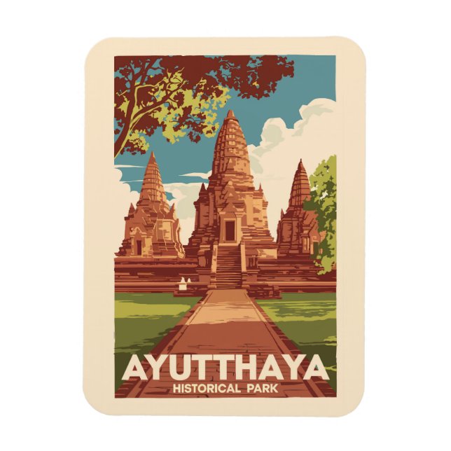 Ímã Ayutthaya Historical Park Illustration Viagem Art (Vertical)