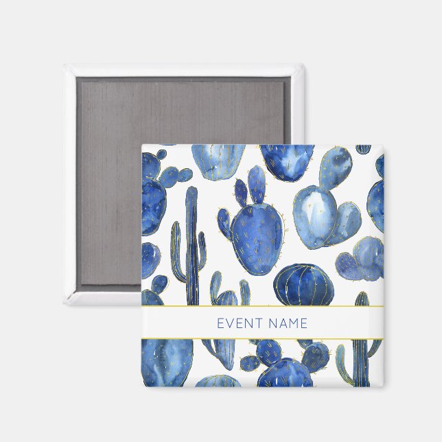 Imã Azul Cactus Art Desert Chic Dourado EVENTO (Front/Back)