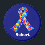 Imã Azul de Fita de Consciência do Autismo Personaliza<br><div class="desc">Imagem da faixa de reconhecimento do Autismo personalizado para amigos autistas ou familiares. Uma legal mãe do autismo ou presente de pai que pode ser personalizado com qualquer texto abaixo da fita quebra-cabeça de azul,  amarelo e vermelho. Um orgulho nebuloso da Síndrome de Asperger.</div>
