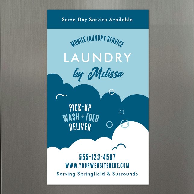 Ímã Azul e Branco de Serviço Moderno de Lavanderia (Modern magnetic business cards for laundry service providers)