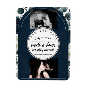 Ímã Azul Escuro & Branco Moderno Save Date Floral Verd