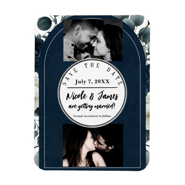 Ímã Azul Escuro & Branco Moderno Save Date Floral Verd (Vertical)