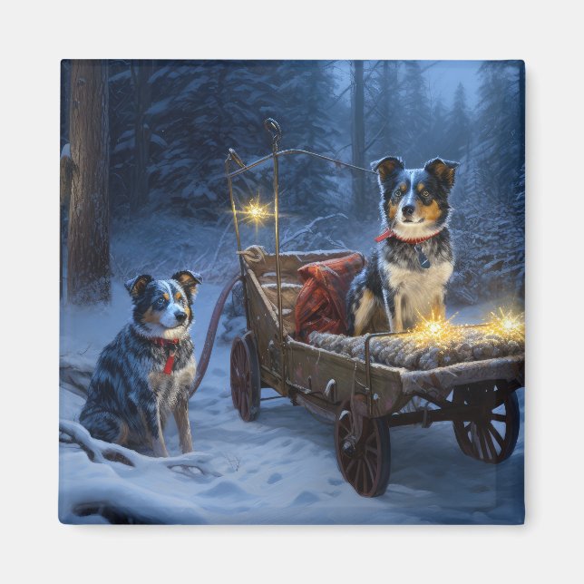 Imã Azul Heeler Snowy Sleigh Decência de Natal (Frente)
