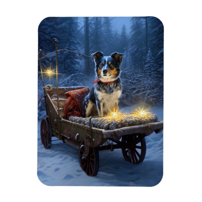 Ímã Azul Heeler Snowy Sleigh Decência de Natal (Vertical)