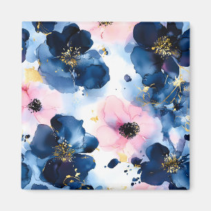 Imã Azul Naval Bege Rosa Dourado Floral Aquarela