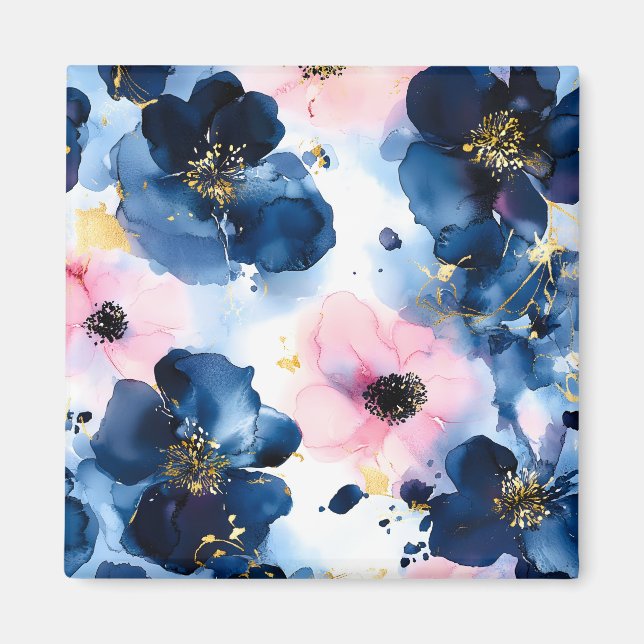 Imã Azul Naval Bege Rosa Dourado Floral Aquarela (Frente)