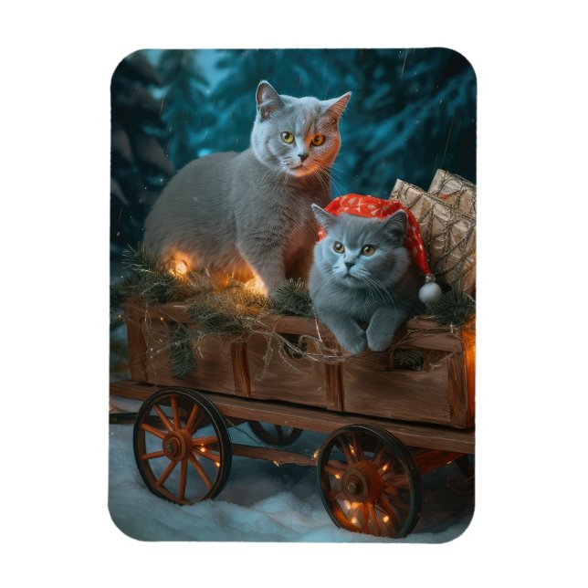 Ímã Azul Russo Gato Snowy Sleigh Decência de Natal (Vertical)