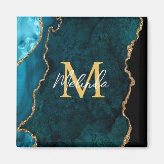 Imã Azul Teal e Agato Marble Dourado