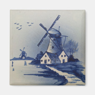 Imã Azul Vintage Delft Moinho de Vento Branco