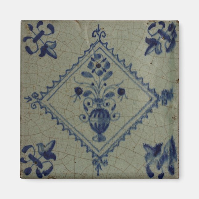 Imã Azulejo Azul Delft - Vase com Flores e Pi do Buquê (Frente)