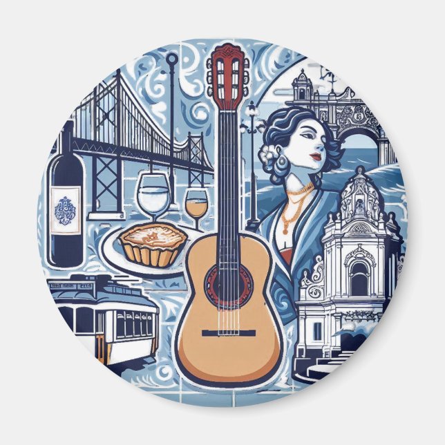 Imã Azulejo azul sobre Lisboa e cultura portuguesa (Frente)