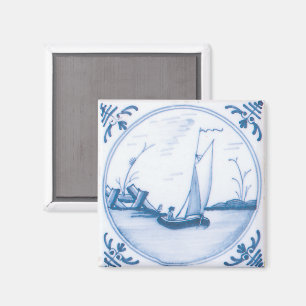 Imã Azulejo de Arte de Barco à Vela Delft Vintage Azul