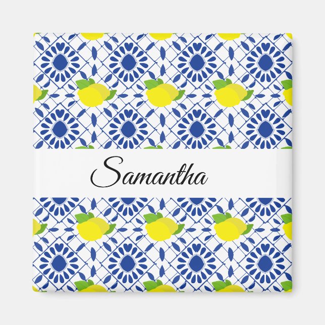 Imã Azulejo de Limão Geométrico Azul (Frente)