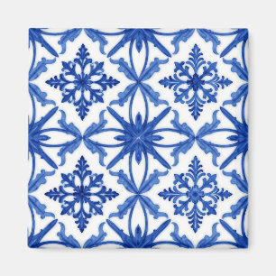 Imã Azulejo de Telha Floral Azul Branco