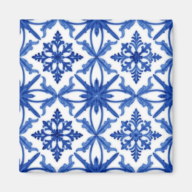 Imã Azulejo de Telha Floral Azul Branco (Frente)