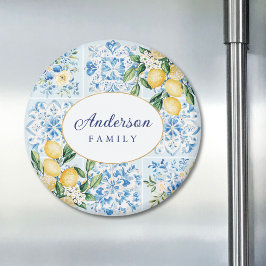Imã Azulejo Italiano Azul Aquarela Personalizado Limão