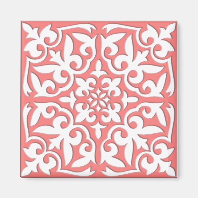 Imã Azulejo marroquino - cor-de-rosa coral e branco (Frente)